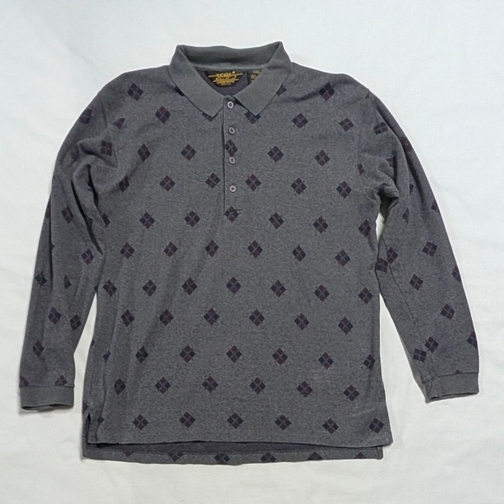 Eddie Bauer Mens Gray Diamond Print Long Sleeve Polo Shirt XL Argyle Pattern